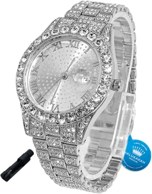 Halukakah Diamonds Watch Iced Out for Boy Teens - 18K Real Gold/Platinum Plated - 42mm Round Dial - 8" Length - Optional with Cuban Link Chain, with Adjuster Tool - Goldfoil Giftbox