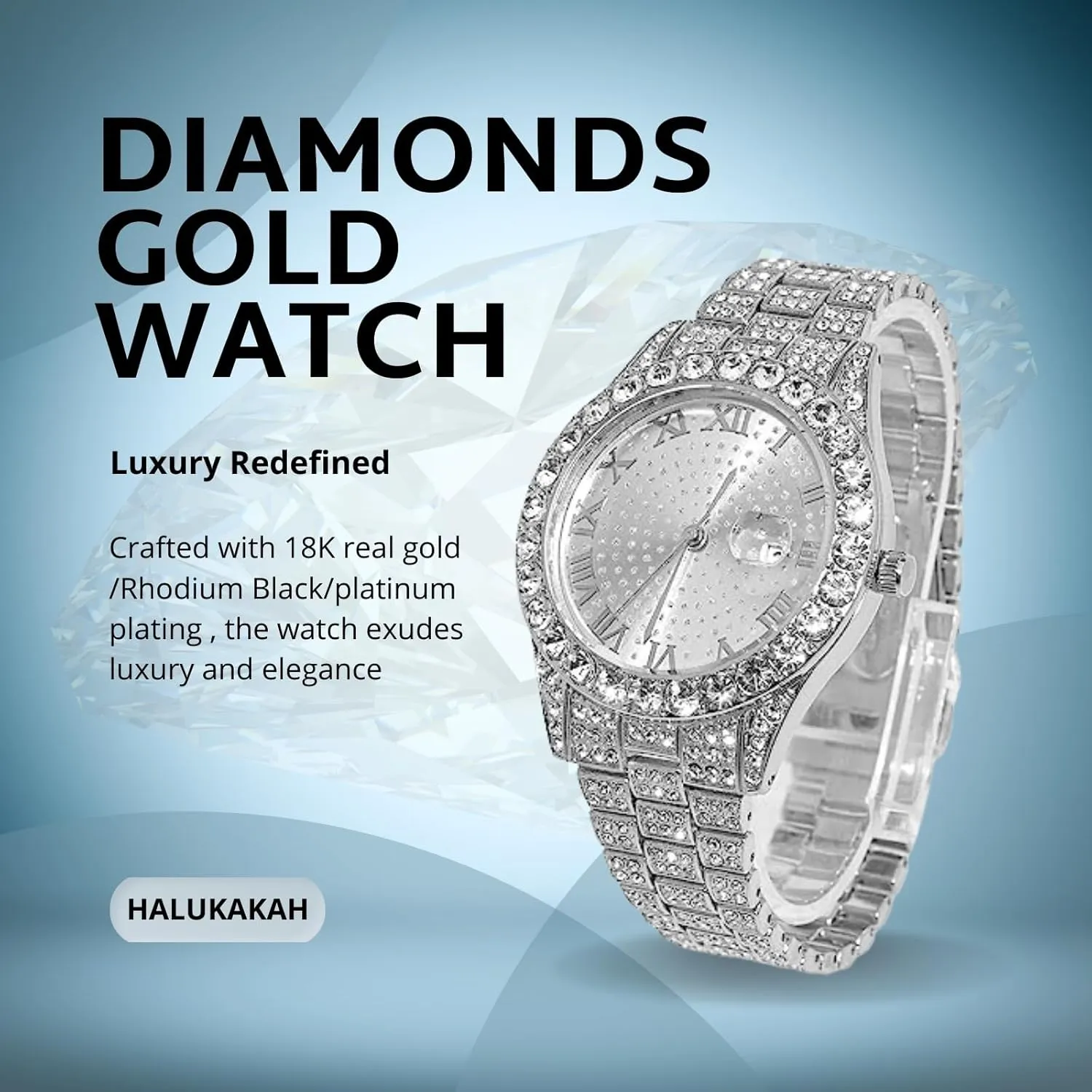 Halukakah Diamonds Watch Iced Out for Boy Teens - 18K Real Gold/Platinum Plated - 42mm Round Dial - 8" Length - Optional with Cuban Link Chain, with Adjuster Tool - Goldfoil Giftbox