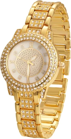 Halukakah Diamonds Watch Iced Out for Boy Teens Kids - 18K Real Gold/Platinum Plated, Gypsophila Rhinestones Round Dial, Japanese Quartz - 7.7" Length - Optional with Cuban Link Chain - for Birthday