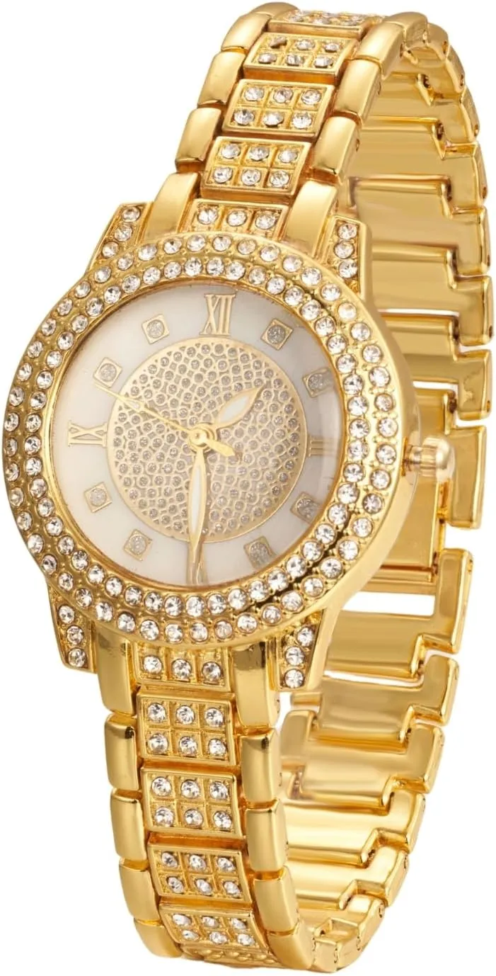 Halukakah Diamonds Watch Iced Out for Boy Teens Kids - 18K Real Gold/Platinum Plated, Gypsophila Rhinestones Round Dial, Japanese Quartz - 7.7" Length - Optional with Cuban Link Chain - for Birthday