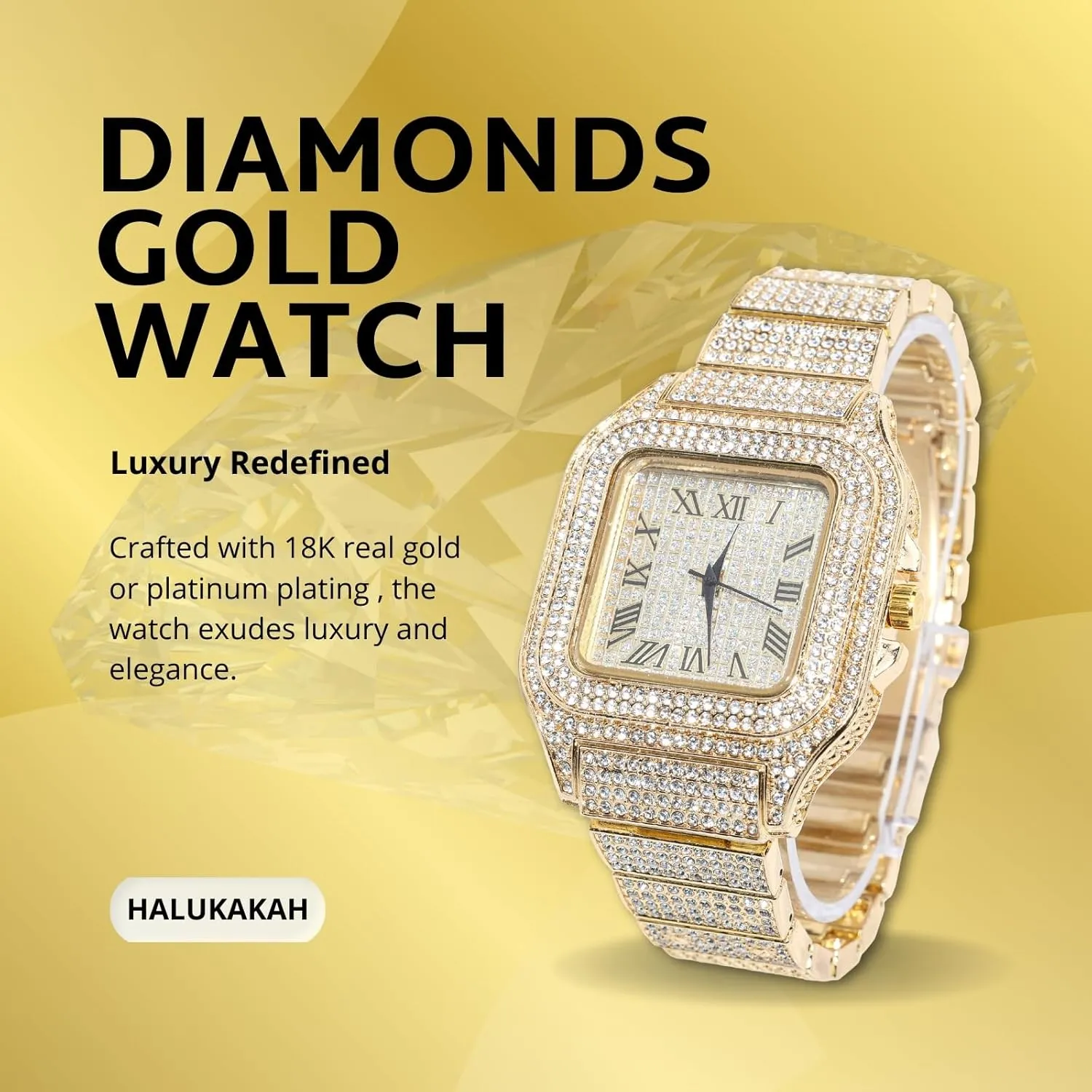 Halukakah Diamonds Watch Iced Out for Boy Teens Kids - 18K Real Gold/Platinum/Rhodium Black Plated,40mm Square Dial,Japanese Quartz - 8" Length - Optional with Cuban Link Chain,with Adjuster Tool