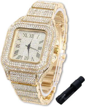 Halukakah Diamonds Watch Iced Out for Boy Teens Kids - 18K Real Gold/Platinum/Rhodium Black Plated,40mm Square Dial,Japanese Quartz - 8" Length - Optional with Cuban Link Chain,with Adjuster Tool