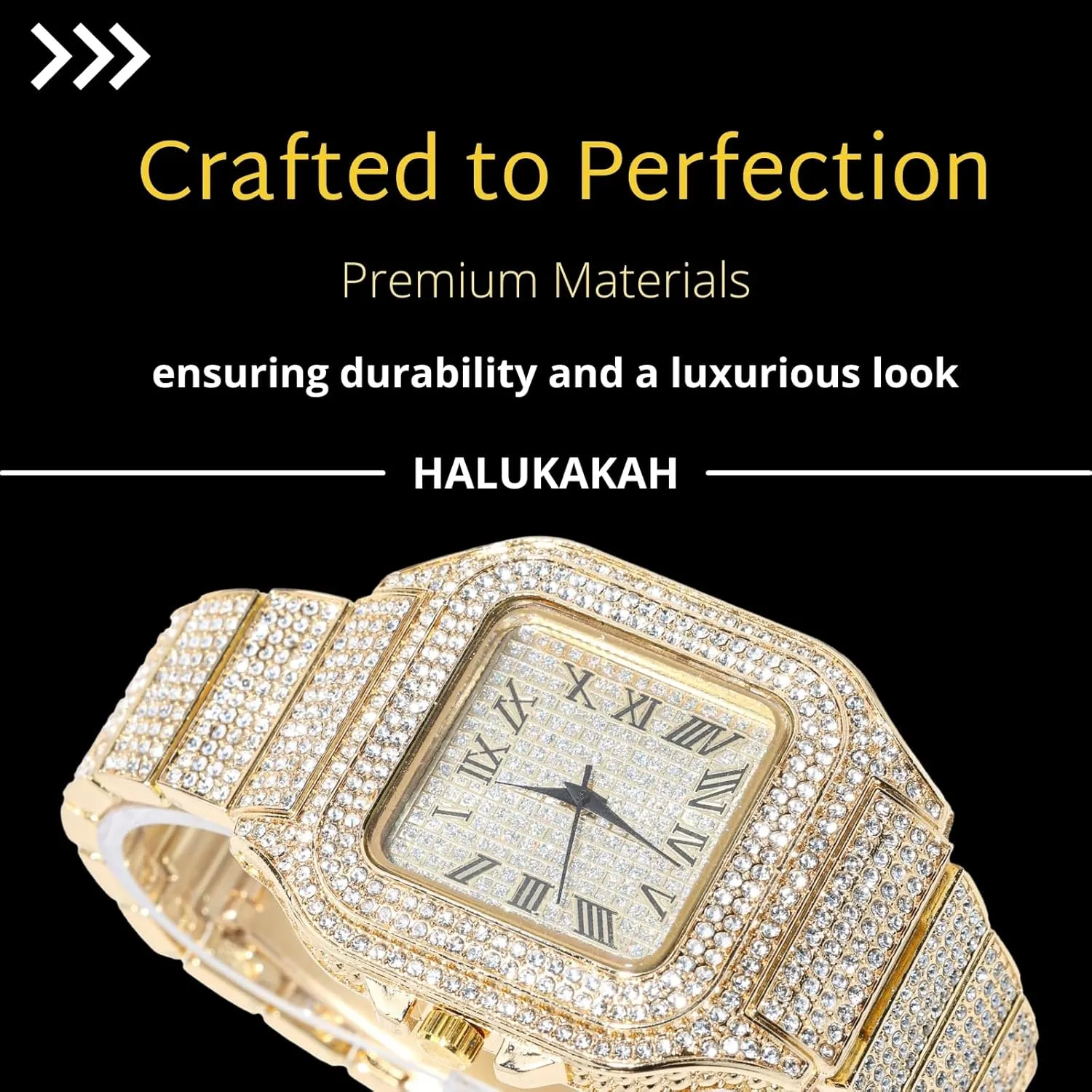 Halukakah Diamonds Watch Iced Out for Boy Teens Kids - 18K Real Gold/Platinum/Rhodium Black Plated,40mm Square Dial,Japanese Quartz - 8" Length - Optional with Cuban Link Chain,with Adjuster Tool