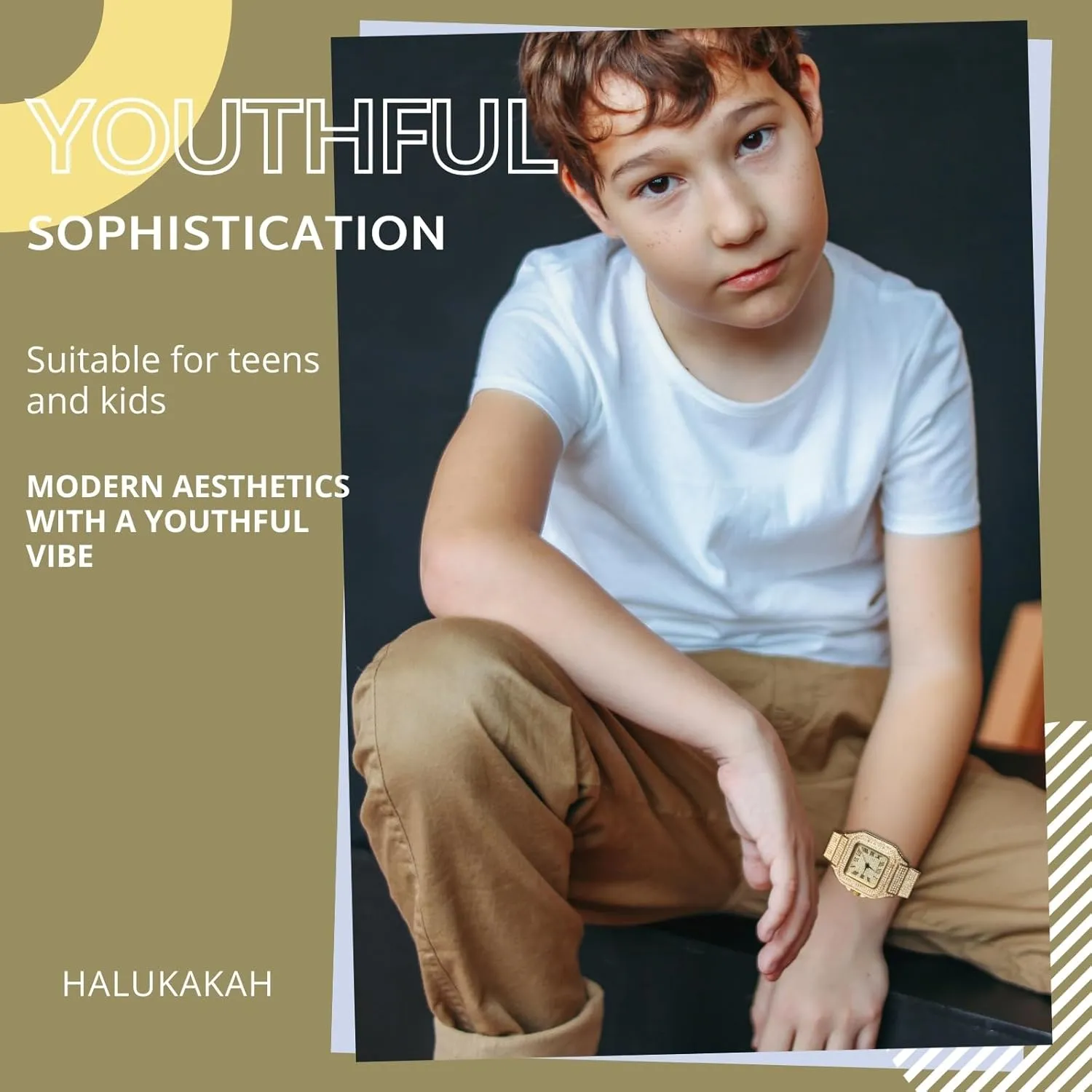Halukakah Diamonds Watch Iced Out for Boy Teens Kids - 18K Real Gold/Platinum/Rhodium Black Plated,40mm Square Dial,Japanese Quartz - 8" Length - Optional with Cuban Link Chain,with Adjuster Tool
