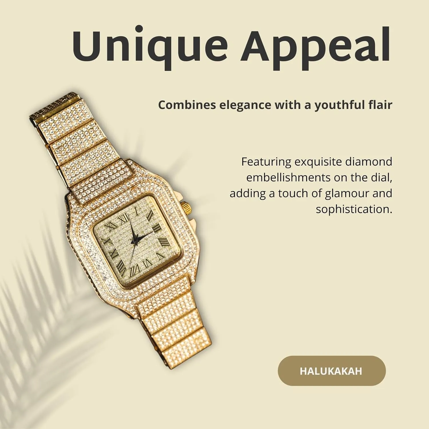 Halukakah Diamonds Watch Iced Out for Boy Teens Kids - 18K Real Gold/Platinum/Rhodium Black Plated,40mm Square Dial,Japanese Quartz - 8" Length - Optional with Cuban Link Chain,with Adjuster Tool