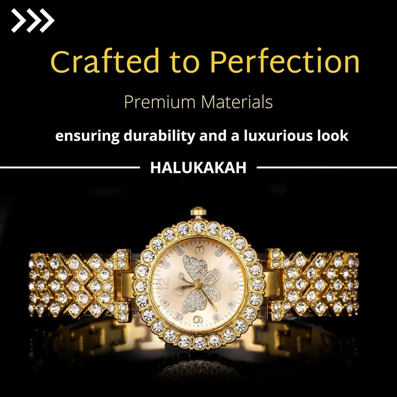 Halukakah Diamonds Watch Iced Out for Girl Teens Kids - 18K Real Gold/Platinum Plated,29mm Butterfly Pattern Dial,Japanese Quartz - 7.7" Length - Optional with Cuban Link Chain - for Birthday,Parties