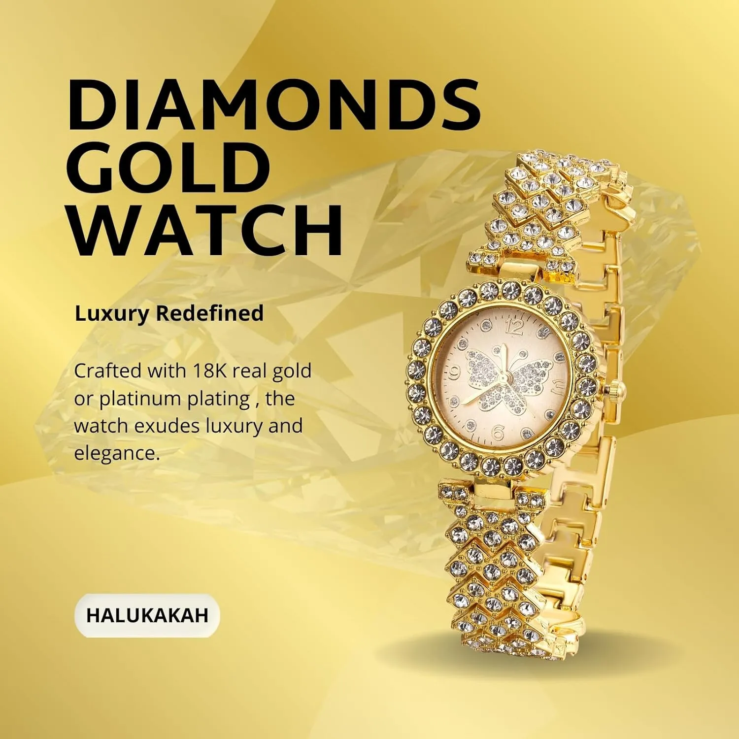 Halukakah Diamonds Watch Iced Out for Girl Teens Kids - 18K Real Gold/Platinum Plated,29mm Butterfly Pattern Dial,Japanese Quartz - 7.7" Length - Optional with Cuban Link Chain - for Birthday,Parties