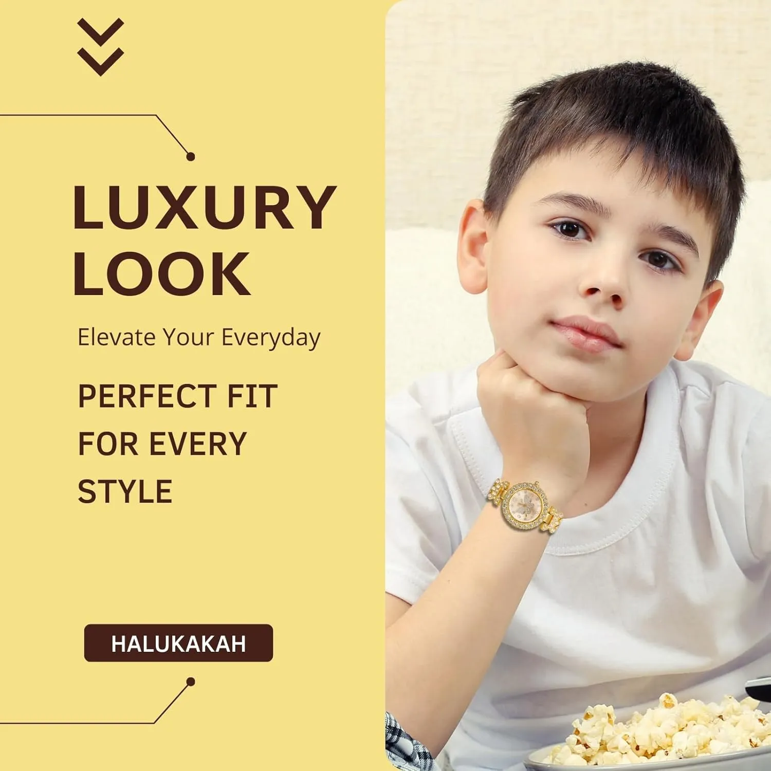 Halukakah Diamonds Watch Iced Out for Girl Teens Kids - 18K Real Gold/Platinum Plated,29mm Butterfly Pattern Dial,Japanese Quartz - 7.7" Length - Optional with Cuban Link Chain - for Birthday,Parties