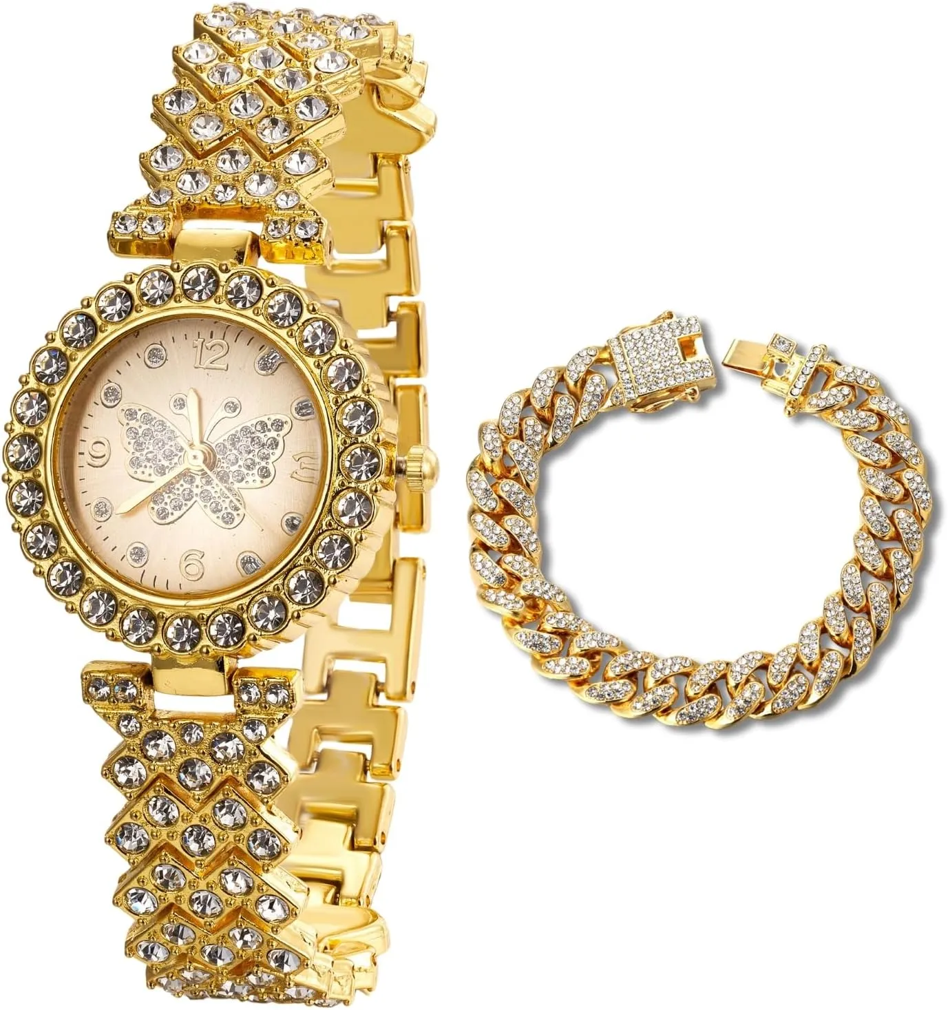 Halukakah Diamonds Watch Iced Out for Girl Teens Kids - 18K Real Gold/Platinum Plated,29mm Butterfly Pattern Dial,Japanese Quartz - 7.7" Length - Optional with Cuban Link Chain - for Birthday,Parties