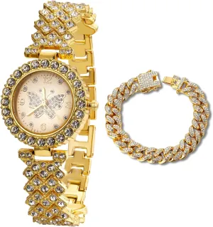 Halukakah Diamonds Watch Iced Out for Girl Teens Kids - 18K Real Gold/Platinum Plated,29mm Butterfly Pattern Dial,Japanese Quartz - 7.7" Length - Optional with Cuban Link Chain - for Birthday,Parties