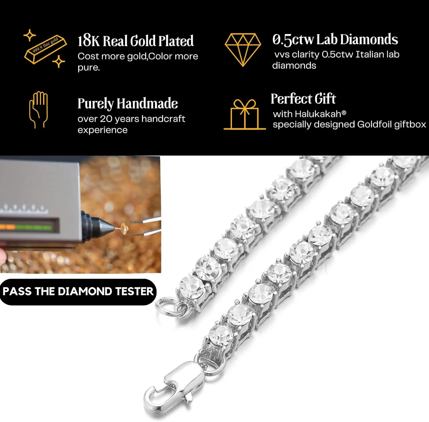 Halukakah Gold Chain for Men Iced Out,Men's Tennis Chain 18k Real Gold/Platinum White Gold/Rhodium Black Plated Choker Necklace Bracelet,Lab Diamond Prong Set,Gift for Him