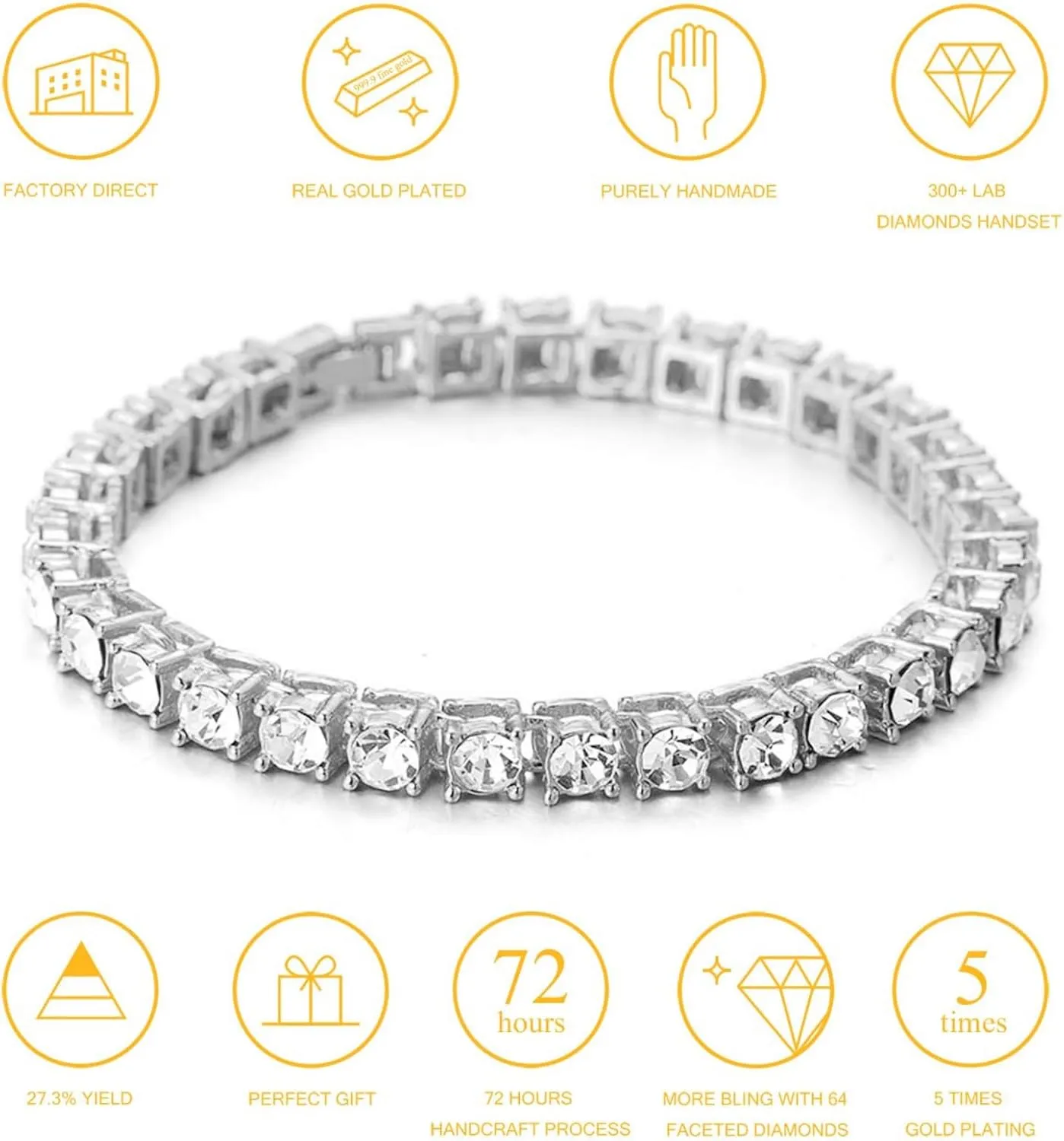 Halukakah Gold Chain for Men Iced Out,Men's Tennis Chain 18k Real Gold/Platinum White Gold/Rhodium Black Plated Choker Necklace Bracelet,Lab Diamond Prong Set,Gift for Him