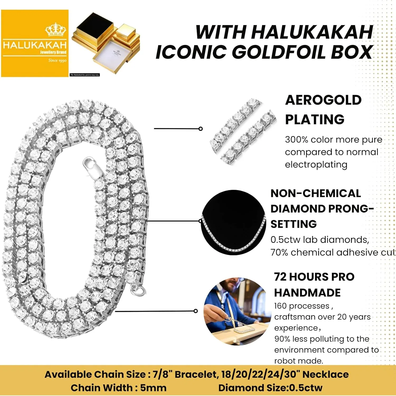Halukakah Gold Chain for Men Iced Out,Men's Tennis Chain 18k Real Gold/Platinum White Gold/Rhodium Black Plated Choker Necklace Bracelet,Lab Diamond Prong Set,Gift for Him