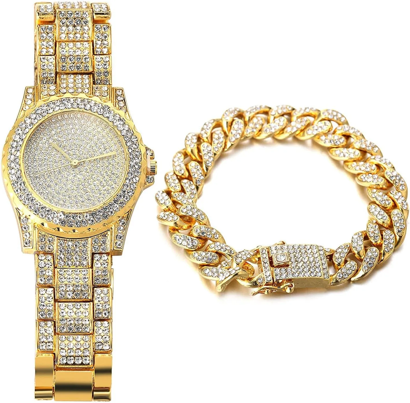 Halukakah Men's Diamond Watch - ECLIPSE - Full Diamonds Handset,18k Real Gold/Platinum White Gold Plated Iced Out,Wristband 8.7"(22cm),Cuban Link Chain 8" 18" Necklace Bracelet Optional,Comes with Giftbox