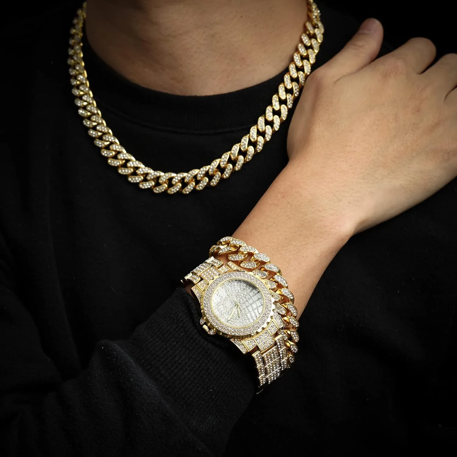 Halukakah Men's Diamond Watch - ECLIPSE - Full Diamonds Handset,18k Real Gold/Platinum White Gold Plated Iced Out,Wristband 8.7"(22cm),Cuban Link Chain 8" 18" Necklace Bracelet Optional,Comes with Giftbox