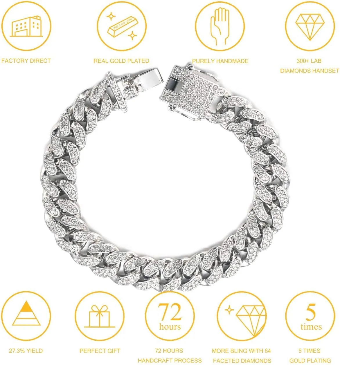 Halukakah Men's Gold Cuban Link Chain, 13MM Iced Out Miami Style, 18K Real Gold Plated/Platinum White Gold Finish Bracelet Necklace, Full CZ Diamond Cut Prong Set, Comes with Gift Box