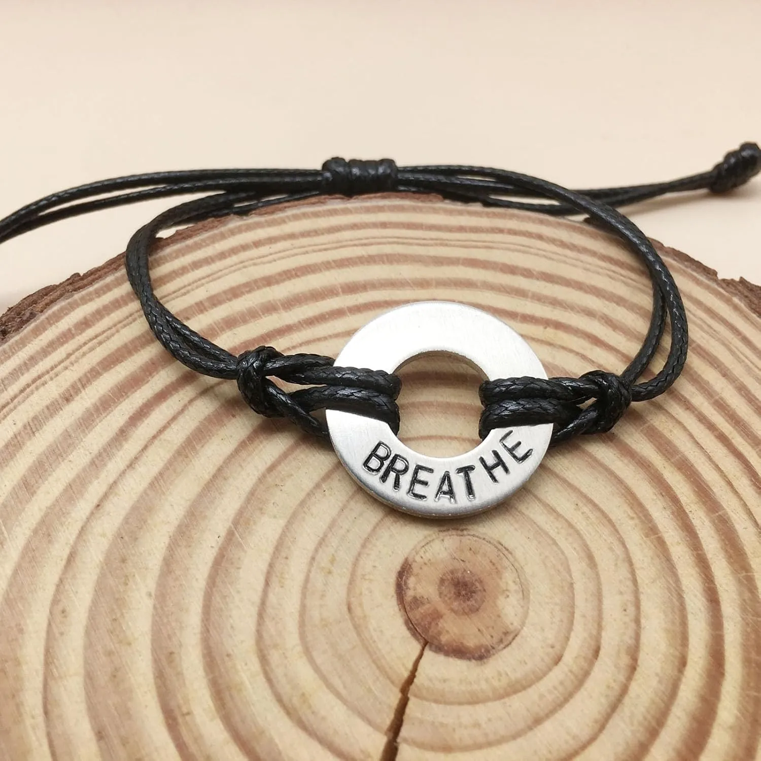 Hand Stamp Washer Word Bracelet Handmade Inspirational Word Bracelets Word Bracelet for Women Men (BREATHE)