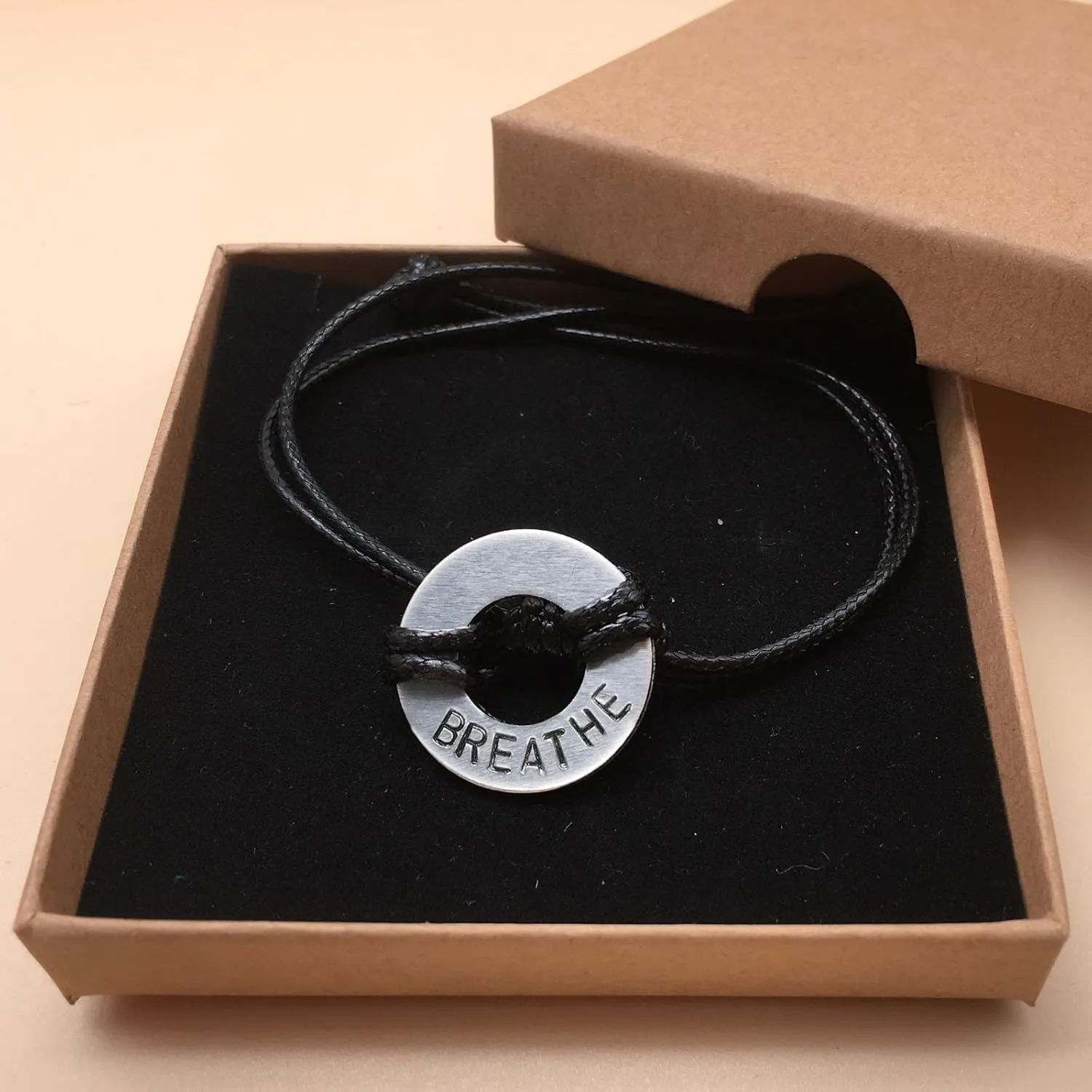 Hand Stamp Washer Word Bracelet Handmade Inspirational Word Bracelets Word Bracelet for Women Men (BREATHE)
