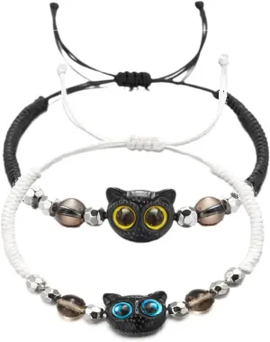 Handmade Black Cat Strand Bracelet Cute Kawaii Cartoon Cat Braided Bracelet Adjustable Animals Good Luck Bracelet Friendship Jewelry for Women Men Animals Lovers Gifts