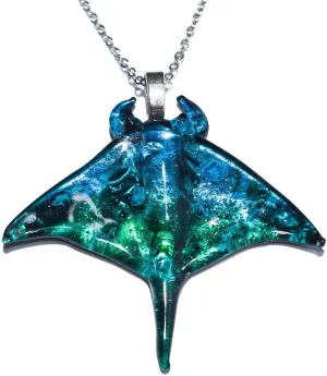 Handmade Blown Glass Ocean Blue Manta Ray Stingray Unique Pendant Necklace, Sea Animal Figurine, Cute Jewelry, Gift Ideas for Women and Men