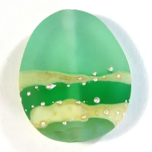 Handmade Lampwork Glass Focal Bead, Emerald Green Ivory Silver Shiny