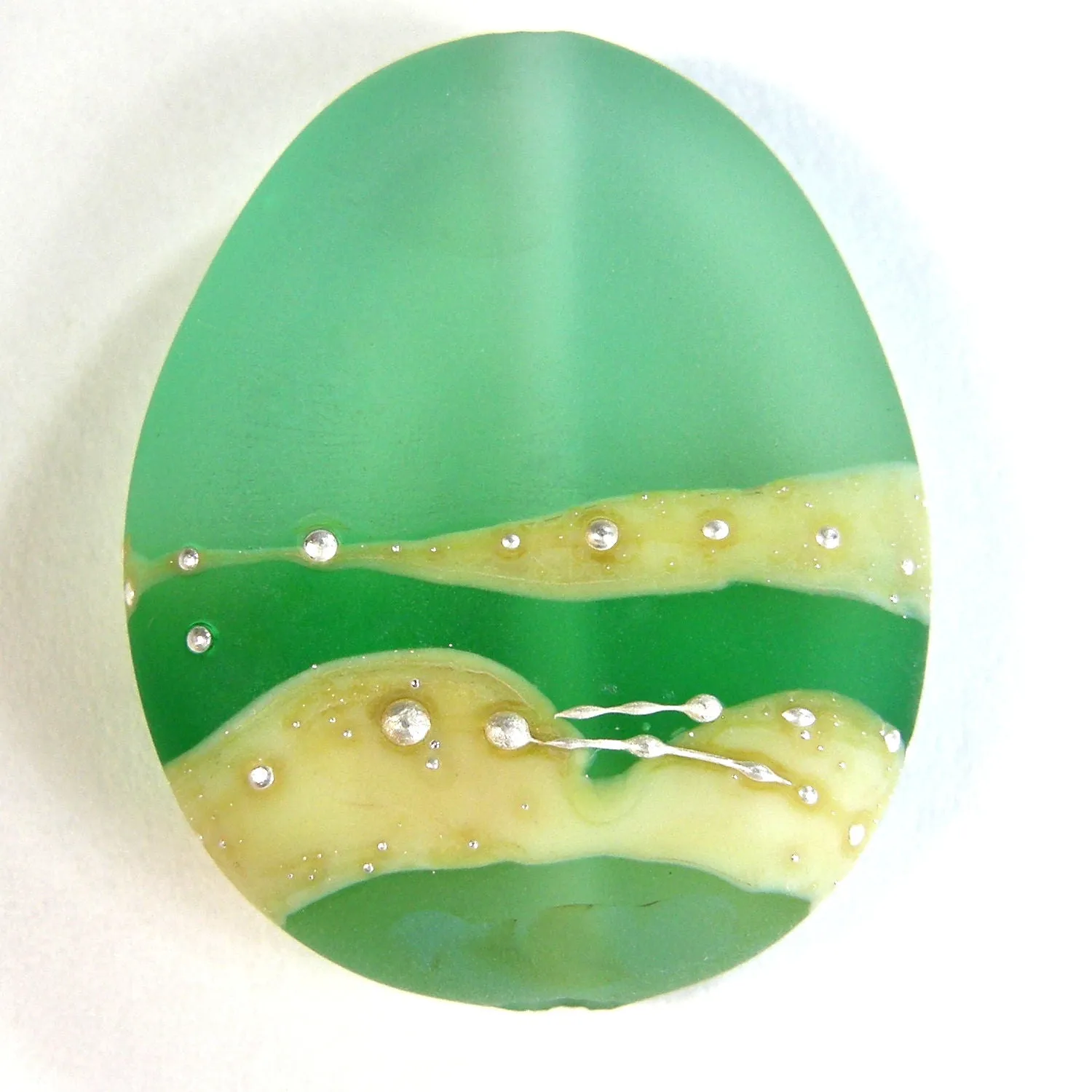 Handmade Lampwork Glass Focal Bead, Emerald Green Ivory Silver Shiny