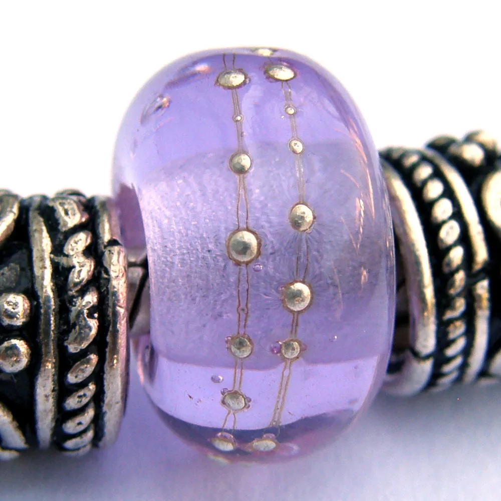 Handmade Large Hole Lampwork Beads, Glass Charm, Lavender Blue Shift Silver