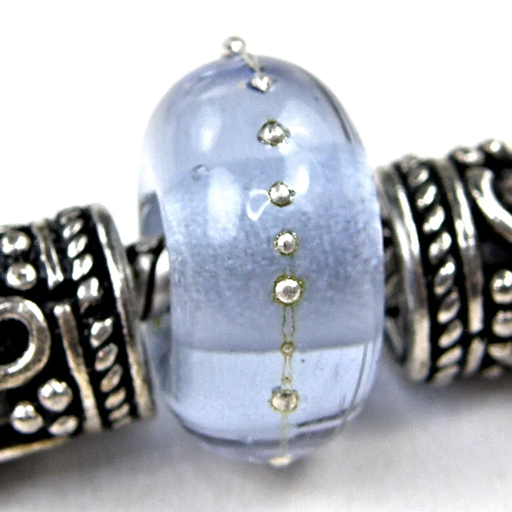 Handmade Large Hole Lampwork Beads, Glass Charm, Lavender Blue Shift Silver