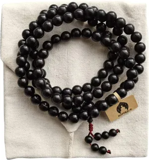 HAPPEACE 8mm Inelastic rope Natural Ebony 108 Mala beads- Tibetan Prayer bead or Meditation