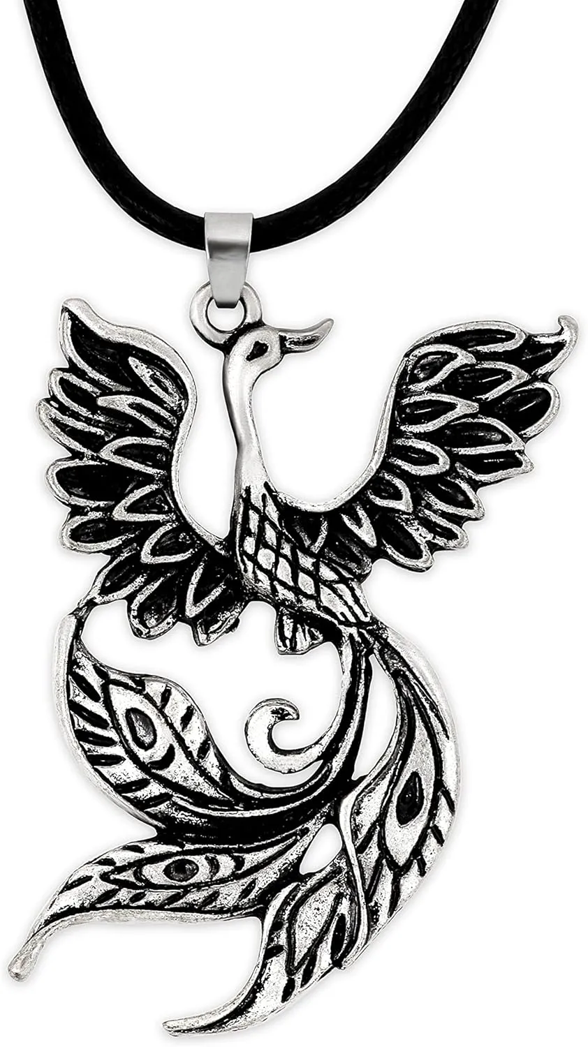 HAQUIL Phoenix Necklace, Rising Legendary Phoenix Pendant, Faux Leather Cord, Phoenix Jewelry Gift for Men and Women (AD)
