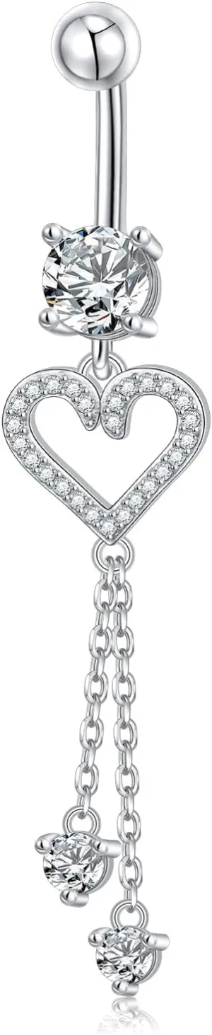 Heart Belly Rings, Dangle Belly Button Ring, 925 Sterling Silver Belly Piercing Jewlery, Clear CZ Navel Piercing Jewelry for Women Men