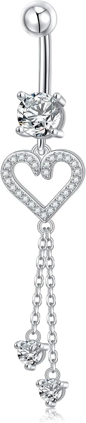 Heart Belly Rings, Dangle Belly Button Ring, 925 Sterling Silver Belly Piercing Jewlery, Clear CZ Navel Piercing Jewelry for Women Men