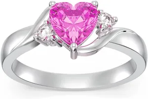 Heart Crystal Rings 925 Sterling Silver Minimalist Solitaire 12 Month Birthstone Rings Personalized Engraved Name Ring Birthday Promise Jewelry Gift for Women (with Gift Box)