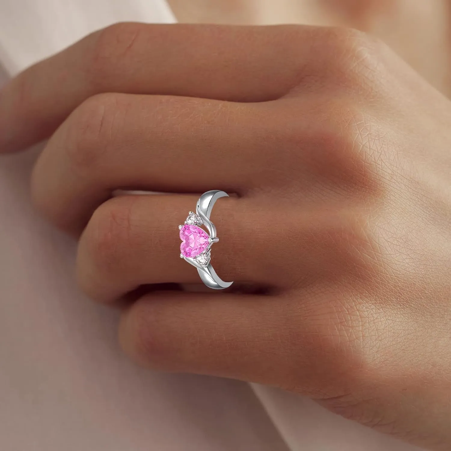 Heart Crystal Rings 925 Sterling Silver Minimalist Solitaire 12 Month Birthstone Rings Personalized Engraved Name Ring Birthday Promise Jewelry Gift for Women (with Gift Box)