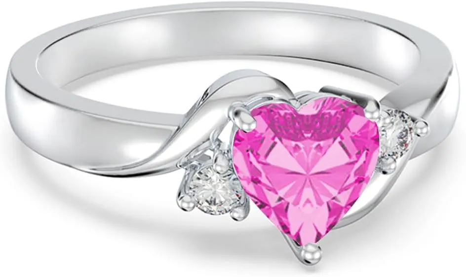 Heart Crystal Rings 925 Sterling Silver Minimalist Solitaire 12 Month Birthstone Rings Personalized Engraved Name Ring Birthday Promise Jewelry Gift for Women (with Gift Box)