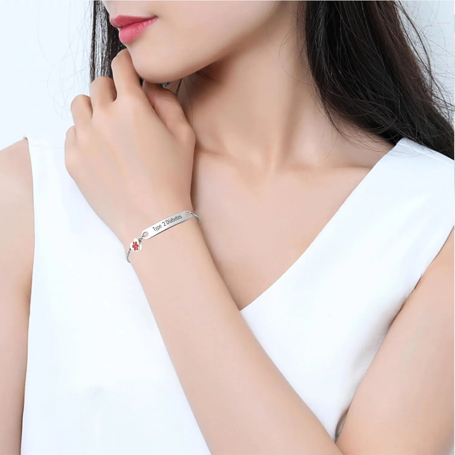Heart Medical Alert ID Bracelet for Women Emergency First Aid Health Alert Stainless Steel Adjustable Chain Bracelets