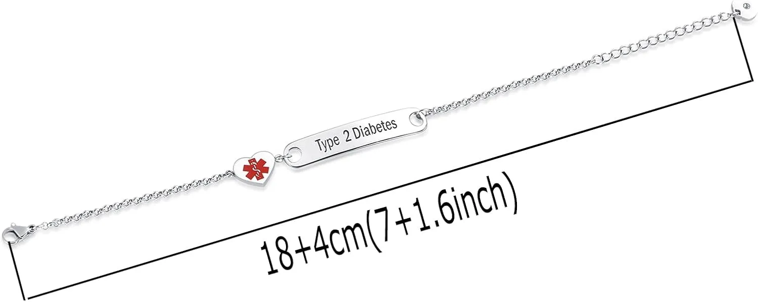 Heart Medical Alert ID Bracelet for Women Emergency First Aid Health Alert Stainless Steel Adjustable Chain Bracelets