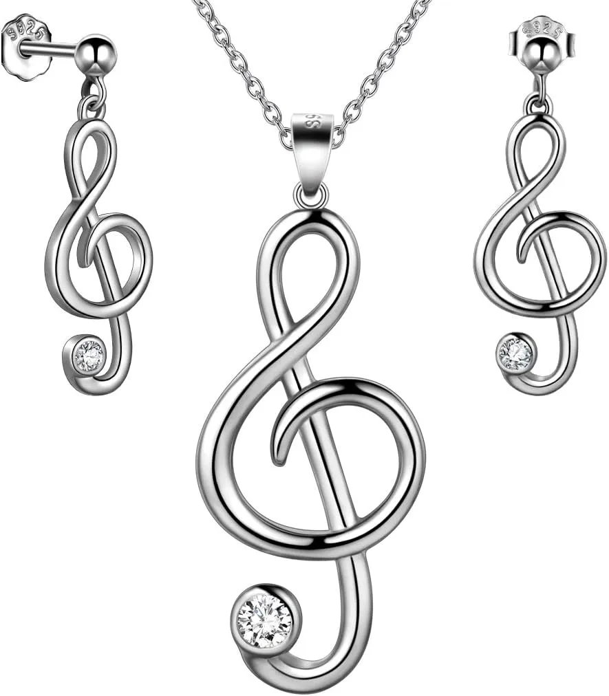 Heart Music Note Treble Clef and Bass Clef Necklace for Women Girls 925 Sterling Silver/Black/18K Gold Plated Music Lover's Necklace Music Symbol Jewelry for Mom