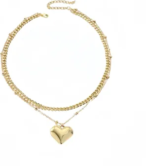 Heart necklace Love Heart Double Necklace for Women, 14k Gold Plated Heart/Keychain Pendant Minimalist Choker Gold Jewelry for Teen Girls Birthday Necklace