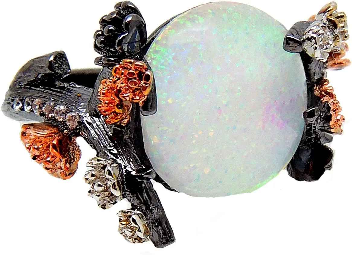 Henrietta Simulated Fire Opal Ring for Women by Ginger Lyne | Elven Gothic Black Plated for Engagement Promise or Statement -Tree Branch Flower Design Setting