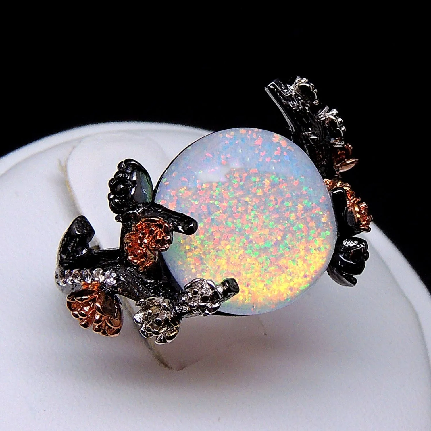 Henrietta Simulated Fire Opal Ring for Women by Ginger Lyne | Elven Gothic Black Plated for Engagement Promise or Statement -Tree Branch Flower Design Setting