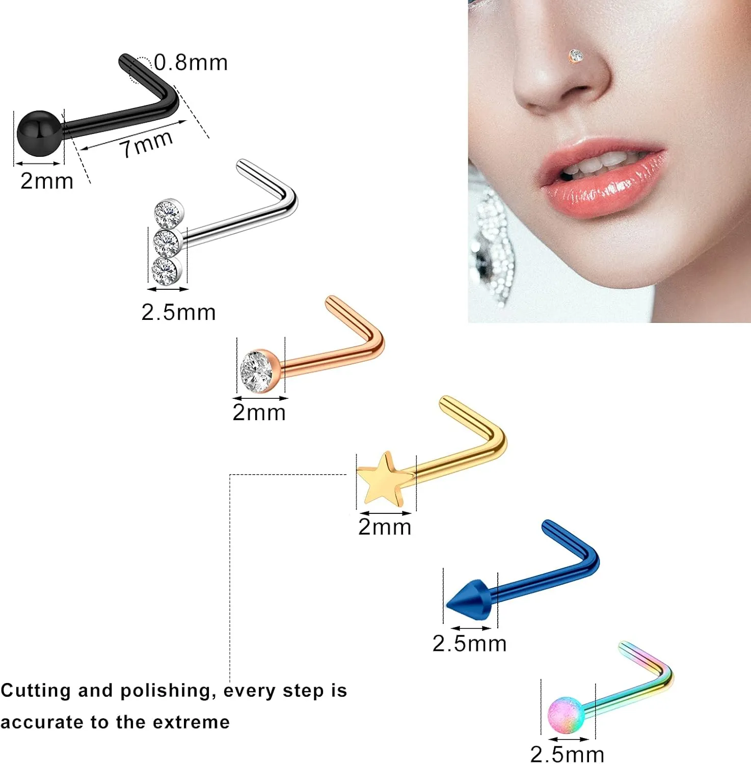 Hicdaw 60 Pcs Nose Rings for Women Nose Rings Hoops 20G Nose Piercings Jewelry for Women Men Screw Hypoallergenic Surgical Steel Nose Ring Studs