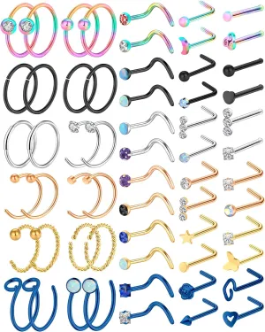Hicdaw 60 Pcs Nose Rings for Women Nose Rings Hoops 20G Nose Piercings Jewelry for Women Men Screw Hypoallergenic Surgical Steel Nose Ring Studs