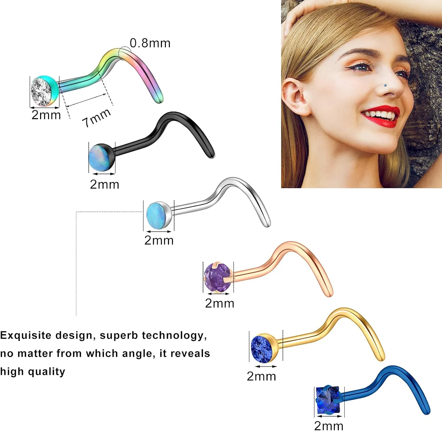 Hicdaw 60 Pcs Nose Rings for Women Nose Rings Hoops 20G Nose Piercings Jewelry for Women Men Screw Hypoallergenic Surgical Steel Nose Ring Studs