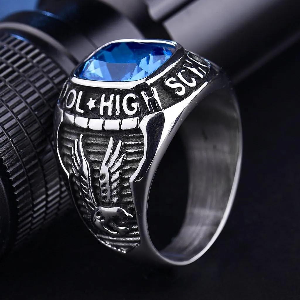 High School Men Sky Blue Rings Stainless Steel Jewelry Silver Tone Size 8-15