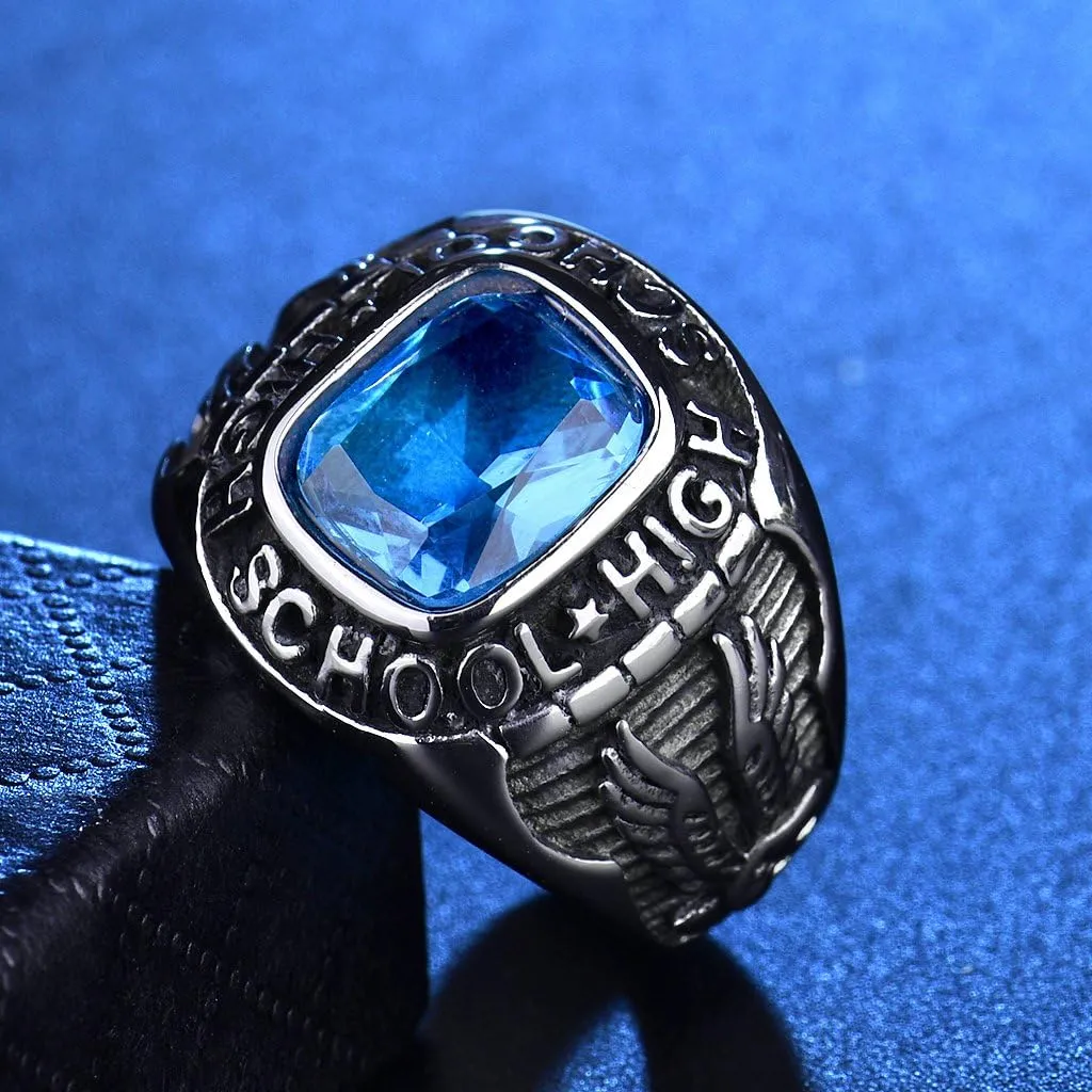 High School Men Sky Blue Rings Stainless Steel Jewelry Silver Tone Size 8-15