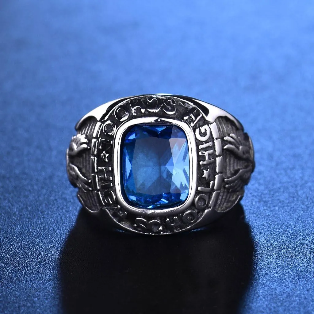 High School Men Sky Blue Rings Stainless Steel Jewelry Silver Tone Size 8-15