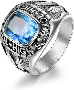 High School Men Sky Blue Rings Stainless Steel Jewelry Silver Tone Size 8-15