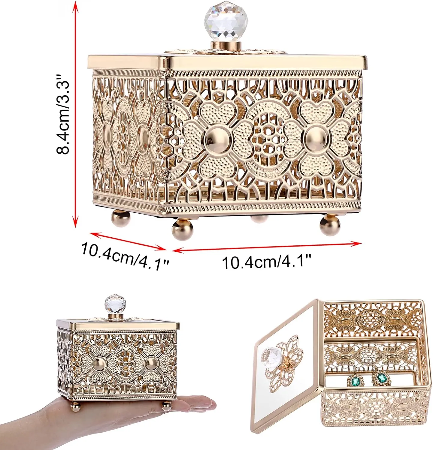 Hipiwe Hollow-carved Metal Jewelry Box with Glass Lid, Gold Mirrored Trinket Organizer Square Treasure Box for Ring Earrings Necklace, Christmas Birthday Gift for Women Girls