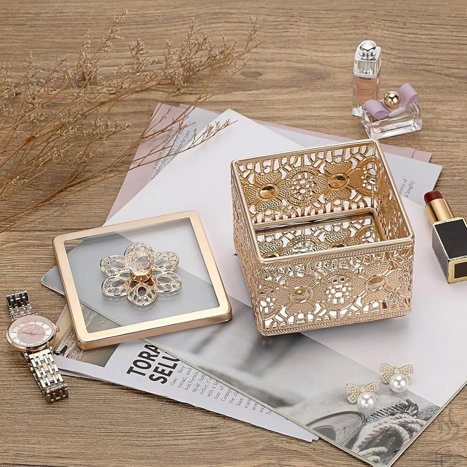 Hipiwe Hollow-carved Metal Jewelry Box with Glass Lid, Gold Mirrored Trinket Organizer Square Treasure Box for Ring Earrings Necklace, Christmas Birthday Gift for Women Girls